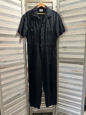 Anthropologie MATE Black Short-Sleeve linen button down Jumpsuit